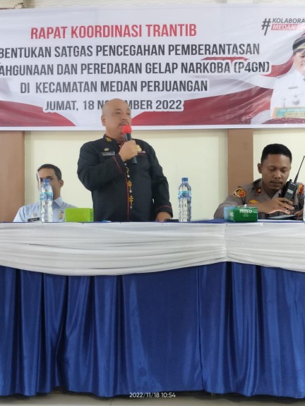 Kecamatan Medan Perjuangan Menggelar Rakor Pembentukan Satgas P4GN di Aula Kantor Camat Medan Perjuangan Yang Dipimpin Oleh Camat Medan Perjuangan, Zul Ahyudi Solin, Jumat (18/11)