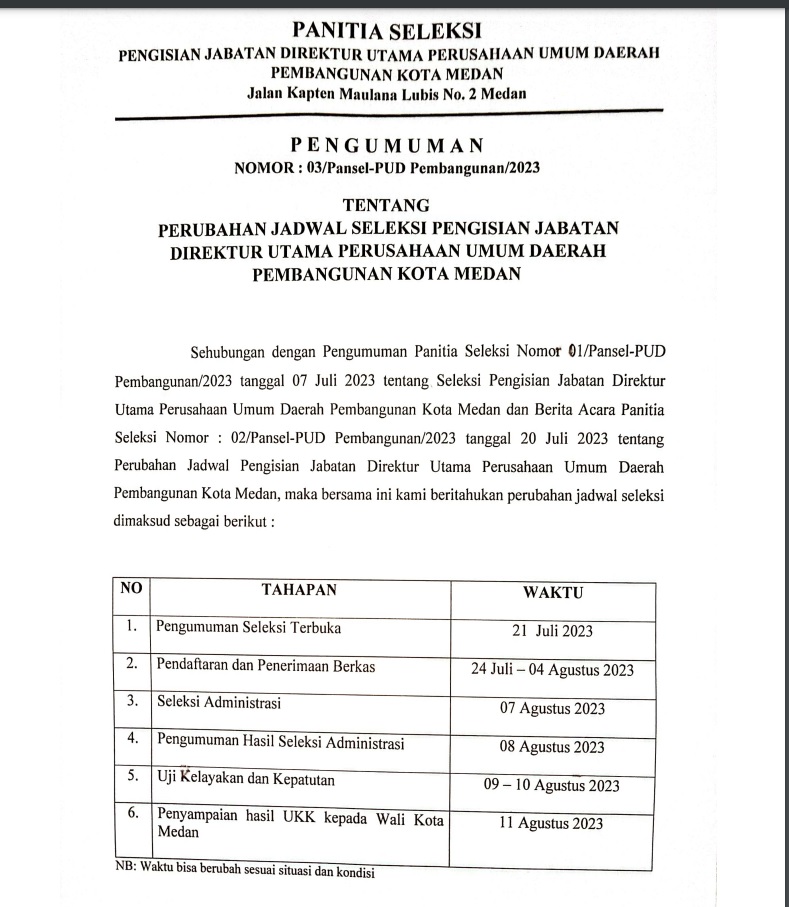 PENGUMUMAN TENTANG PERUBAHAN JADWAL SELEKSI PENGISIAN JABATAN DIREKTUR UTAMA PERUSAHAAN UMUM DAERAH PEMBANGUNAN KOTA MEDAN